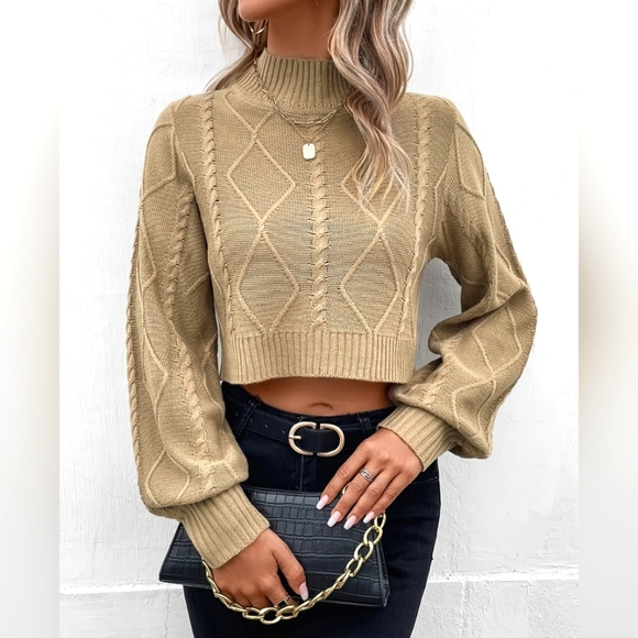 Lantern Sleeve Cable Knit Mock Neck Crop Sweater Khaki - Picture 2 of 4